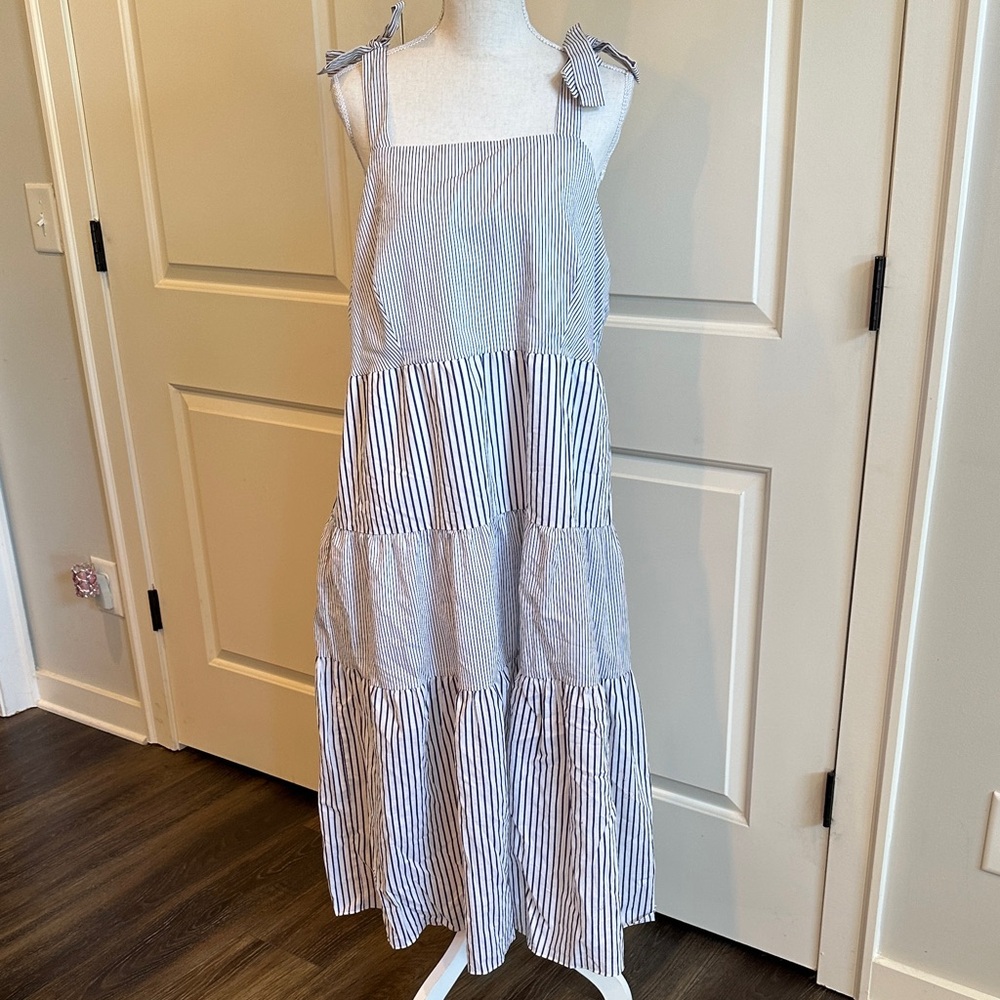 Time and Tru Blue and White Striped Tie-Shoulder Sundress 16/18